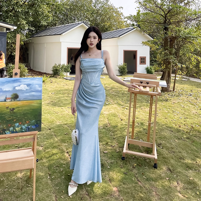 Vintage Shiny Light Blue Spaghetti Strap Mermaid Long Summer Dresses Prom Dress Evening Dress TP4359