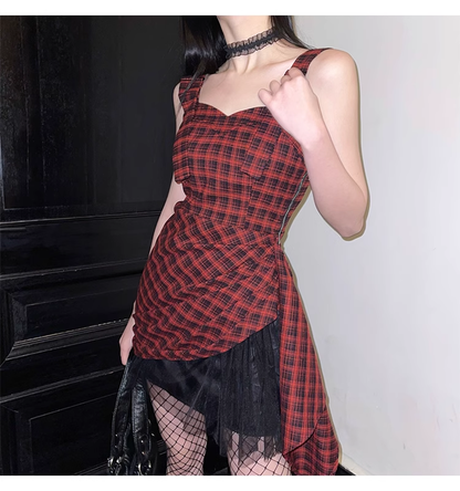 New Fashion Design Sense Red & Black Plaid Spaghetti Strap Dress TP2922