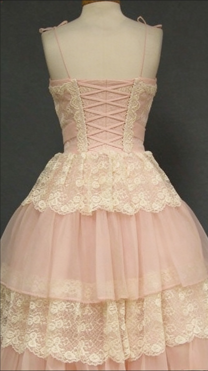 Vintage Pink A-Line Spaghetti Strap Bowknot Birthday Dress Lace Layered Tulle Long Party Dress TP1832