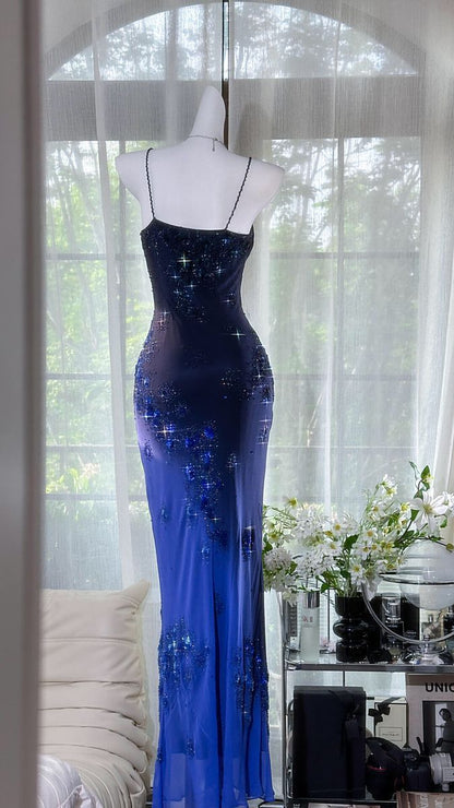 Sparkling Gradient Navy Blue Sequin Prom Dress Sheath Spaghetti Straps Evening Gown TP5169