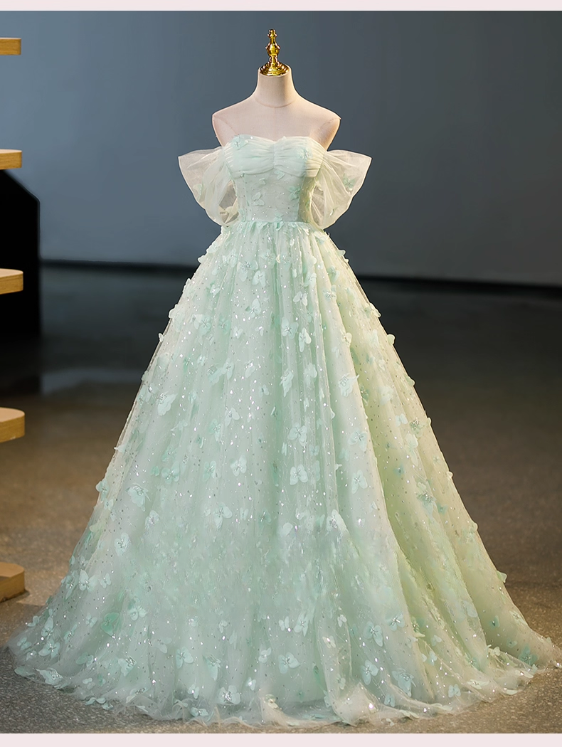 Vintage Light Green Tulle Sweetheart Off-the-shoulder 3D Flowers A-Line Floor Length Quinceanera Ball Gown TP5193