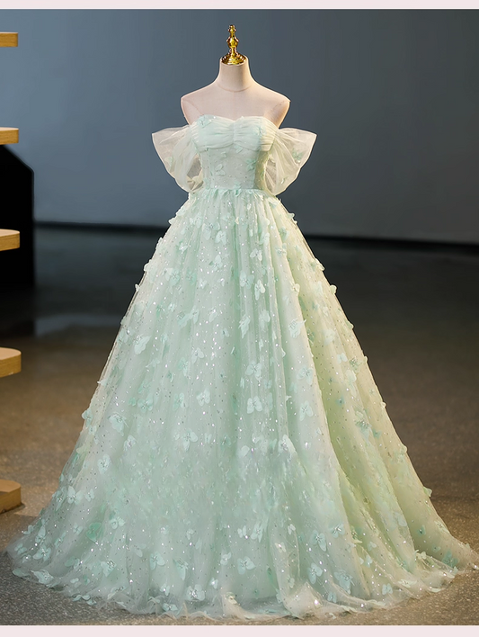 Vintage Light Green Tulle Sweetheart Off-the-shoulder 3D Flowers A-Line Floor Length Quinceanera Ball Gown TP5193