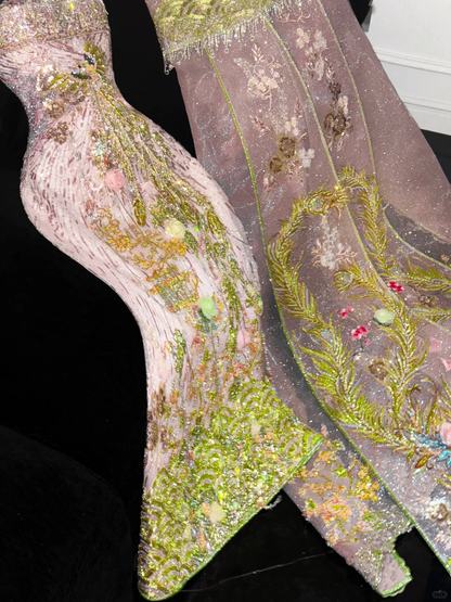 Gorgeous Sparkling Pink Beaded Applique Mermaid Design Exquisite Embroidery Evening Dress Prom Dresses TP4167