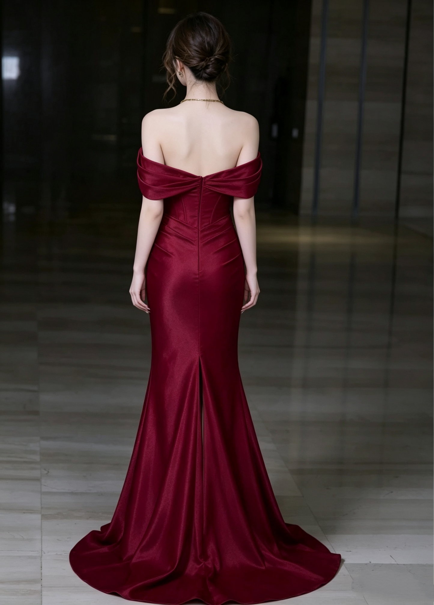 Elegant Burgundy Off-the-Shoulder Satin Mermaid High Slit Evening Dress TP6093