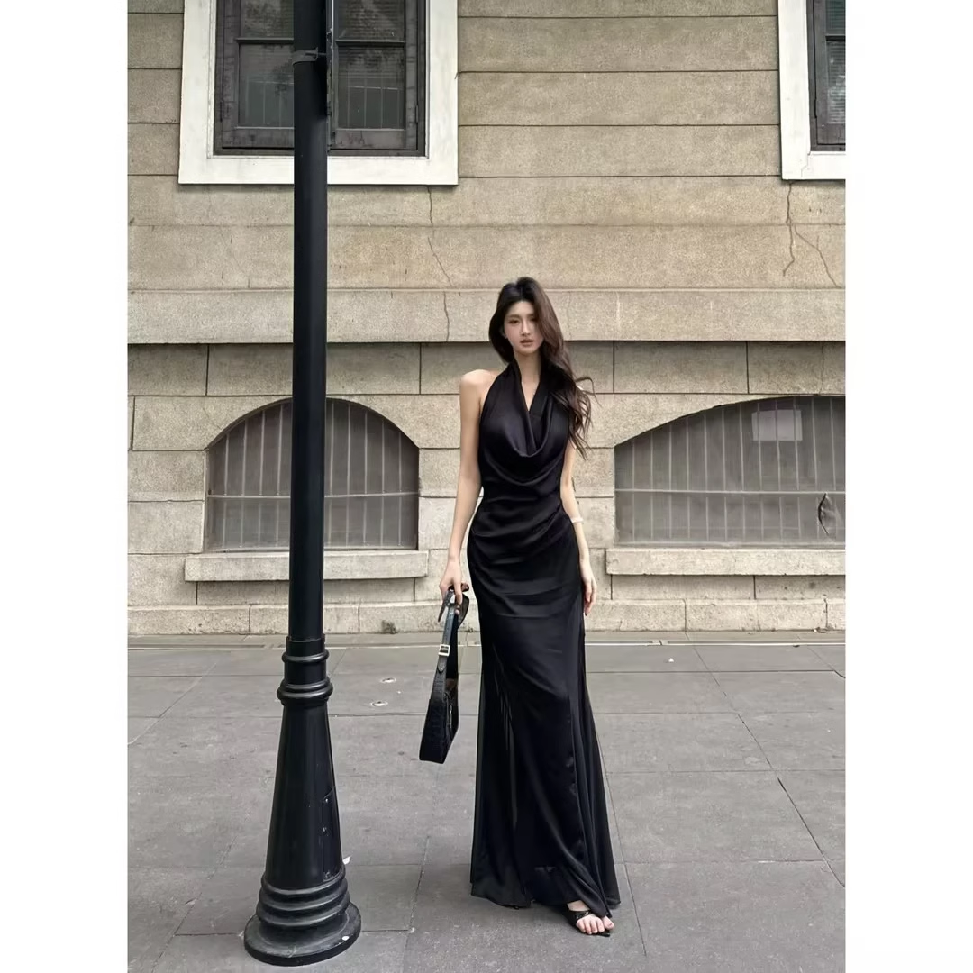New French Bllack Sexy Elegant Halter Dress TP2878