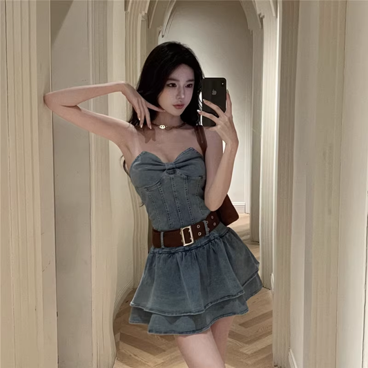 Cute Bow Design A-Line Strapless Denim Short Dress TP3161