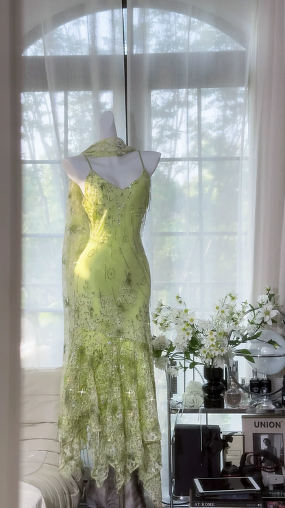 Retro Light Green Sparkling Sequin Spaghetti Strap Romantic Ball Gown Evening Dress Prom Dresses TP3961