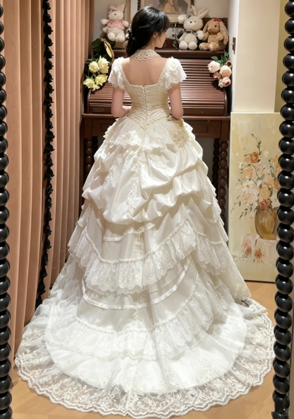 Glamorous Elegant Satin Off-Shoulder Tiered Lace Hem Floral Wedding Dress TP5311