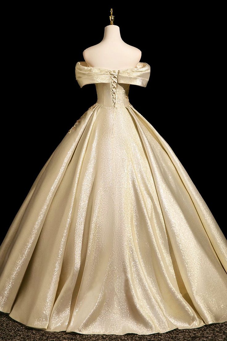 Elegant Champagne Gold Off-Shoulder Satin Beaded Embroidery Quinceanera Ball Gown TP5256