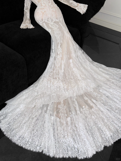 Elegant White Mermaid Off-Shoulder Lace Embroidery Long-Sleeve Wedding Dress TP5389