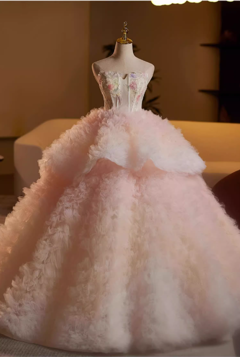 Glamorous Pink Fluffy Tulle A-Line Strapless Floral Sweet 15 Quinceanera Ball Gown TP5475