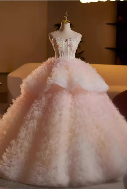 Glamorous Pink Fluffy Tulle A-Line Strapless Floral Sweet 15 Quinceanera Ball Gown TP5475