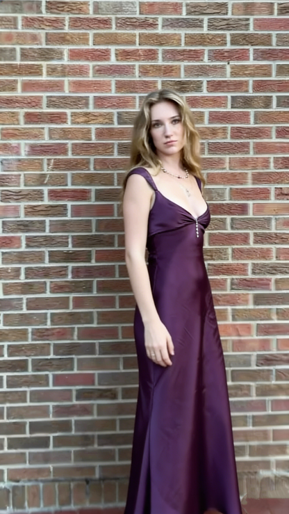 Elegant Silver-grey V-neck Sheath Satin Long Party Dress Evening Dress Prom Dress TP2751