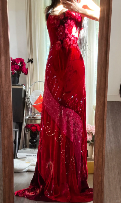 Vintage Red Sparkling Sequin Spaghetti Strap Design Elegant Chiffon Evening Dress Prom Dresses TP3989