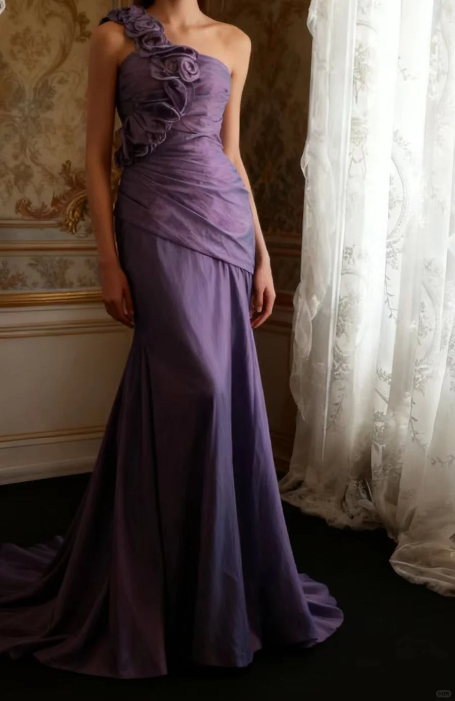 Vintage Lavender One-Shoulder Evening Gown 3D Floral Mermaid Prom Dress TP5647