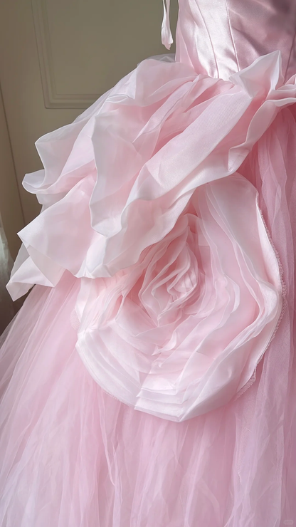 Glamorous Pink Satin Tulle 3D Rose Spaghetti Strap Sweetheart Long Ball Gown TP5831