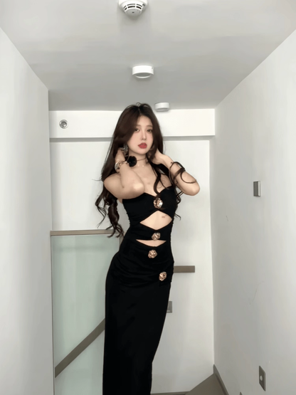 Elegant Black Halter-neck Rose Metal Button Prom Dress Sheath Evening Gown Party Dress Trailing Long Formal Dress TP4845