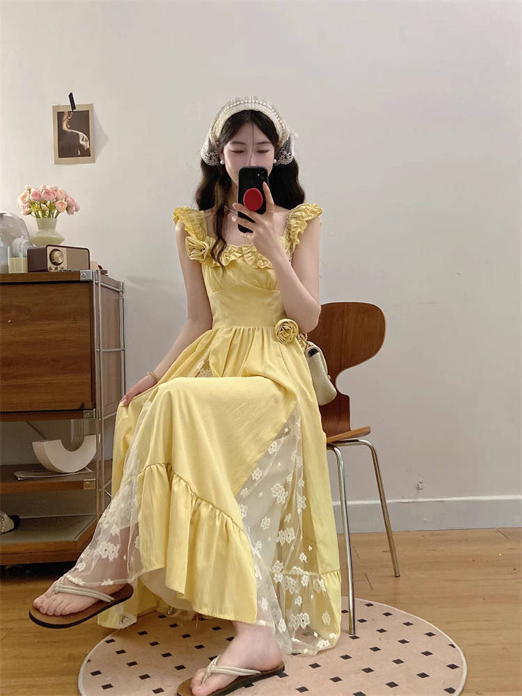 New Simple Fashion Yellow Floral Design A-Line Long Dress TP3043