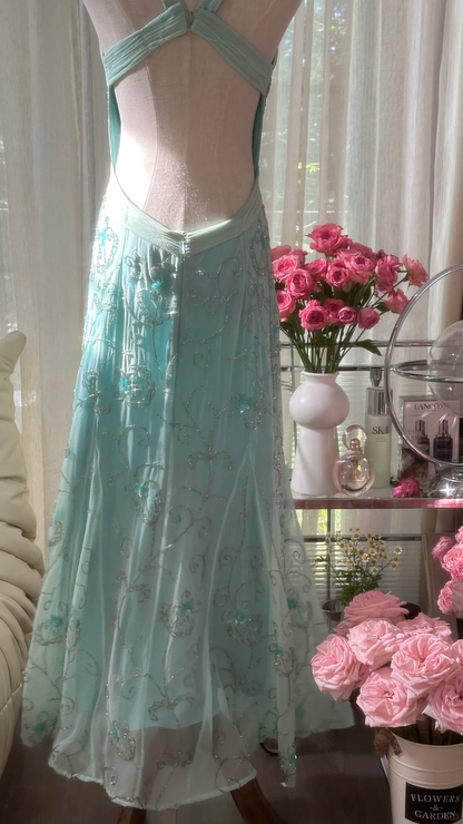 Retro Sparkling Light Blue Sweetheart Design A-line Romantic Chiffon Evening Dress Prom Dress TP4000
