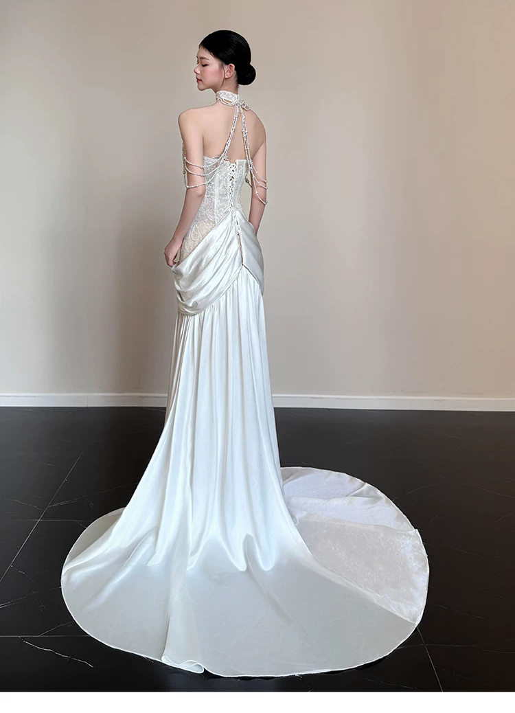 Elegant White Mermaid High Neck Beaded Tassel Halter Lace Satin Chapel Train Wedding Dress TP6133
