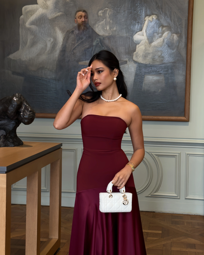 Elegant Burgundy Satin A-Line Evening Gown Strapless Party Dress Long Formal Dress TP4922