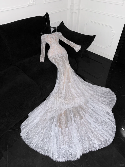 Elegant White Mermaid Off-Shoulder Lace Embroidery Long-Sleeve Wedding Dress TP5389