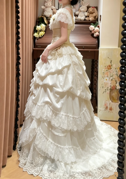 Glamorous Elegant Satin Off-Shoulder Tiered Lace Hem Floral Wedding Dress TP5311