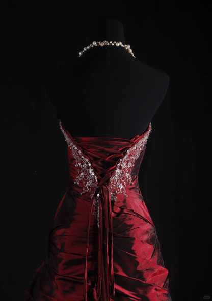 Elegant Burgundy Satin Strapless Beaded Mermaid Evening Gown TP5411