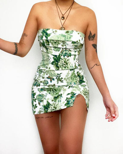 Vintage Floral Print Strapless Short Sheath Party Dress Cocktail Dress Homecoming Dress TP4440