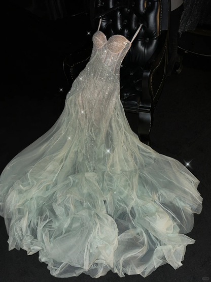 Glamorous Mint Green Ombre Beaded Tulle A-Line Ruffled Evening Gown TP5403
