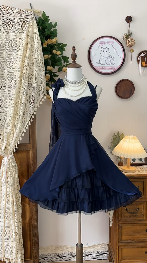 Vintage Navy Blue Sweetheart Ruffle Design A-line Elegant Homecoming Dress Birthday Dress Party Dress TP4178