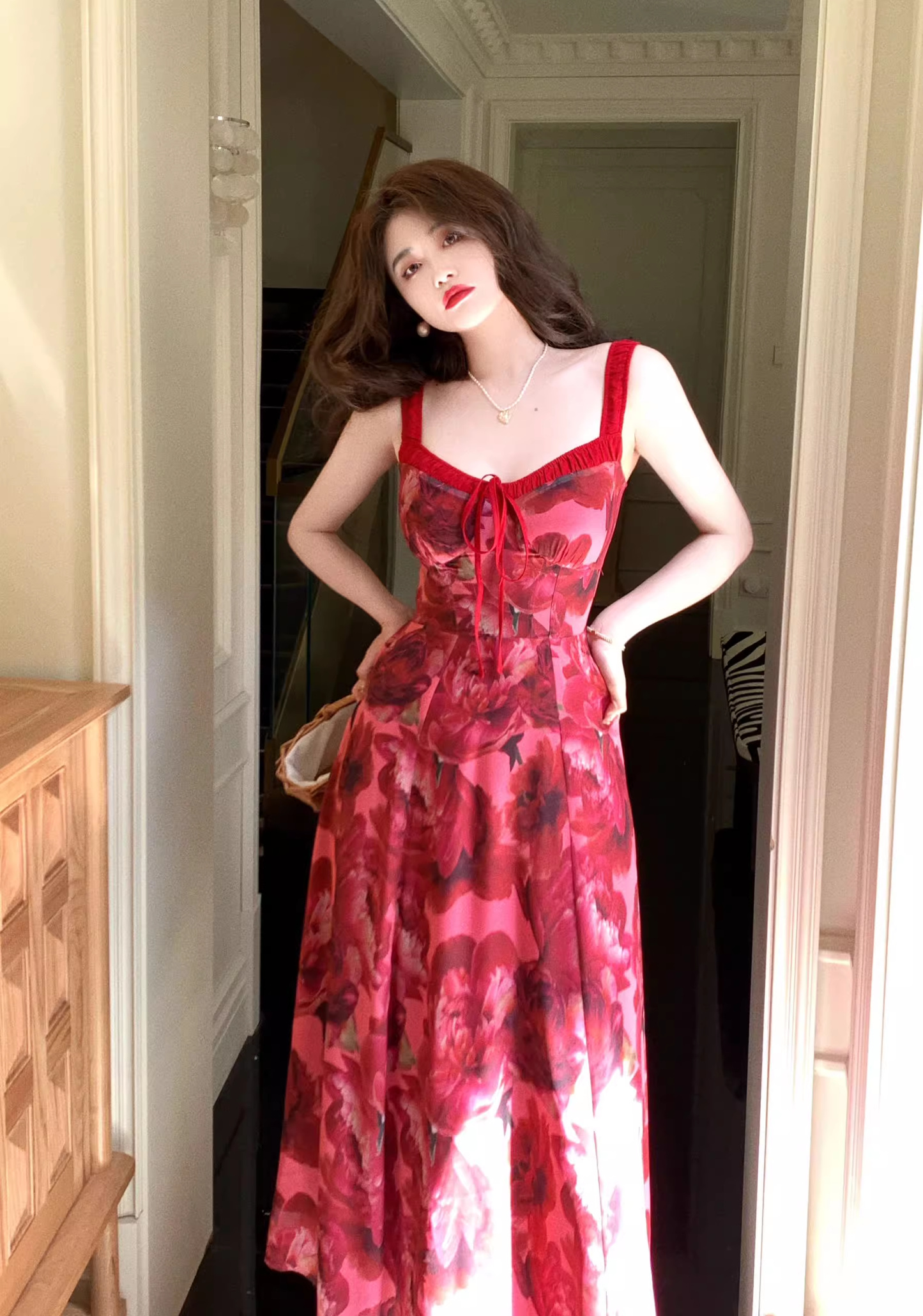 Stylish Red Rose Floral Design Elegant Casual Spaghetti Strap Dress TP3013