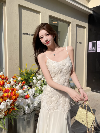 Simple White Three-dimensional Rose Embroidery Design Mermaid Sleeveless Spaghetti Strap Dress TP3323