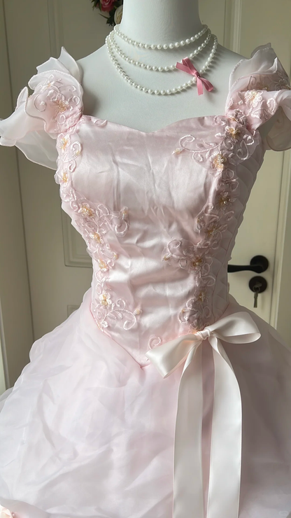 Glamorous Pink Off-the-Shoulder Lace Embroidered Bow Tiered Organza Ball Gown TP5830