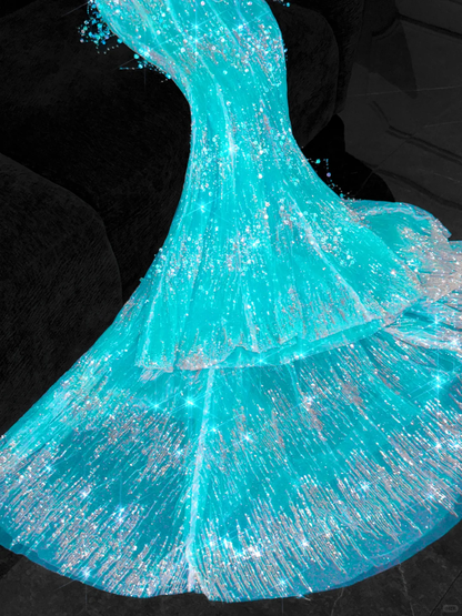 Gorgeous Sparkling Blue Beaded Sequin Mermaid Elegant Chiffon Tulle Evening Dress Prom Dresses TP4142
