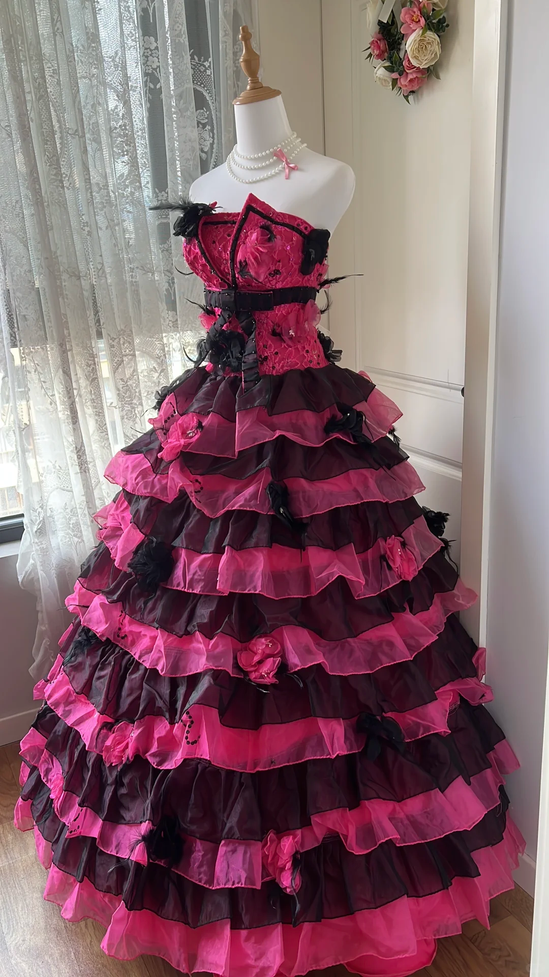 Glamorous Strapless Black & Hot Pink Tiered Rose Feather Applique Ball Gown TP5834