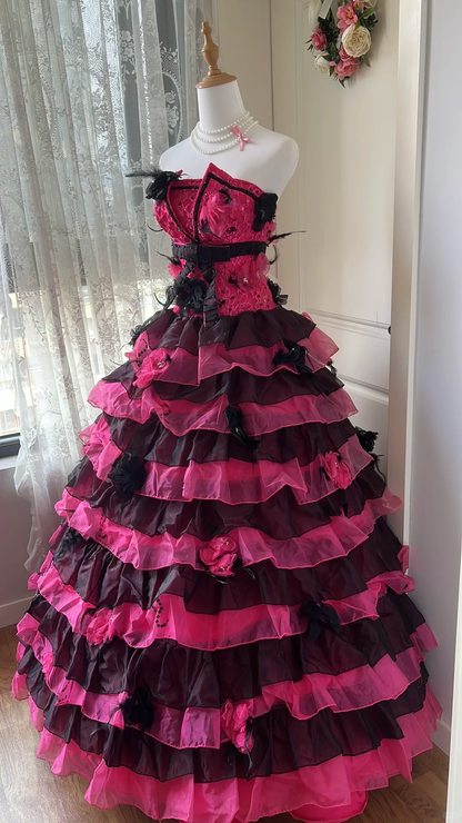 Glamorous Strapless Black & Hot Pink Tiered Rose Feather Applique Ball Gown TP5834