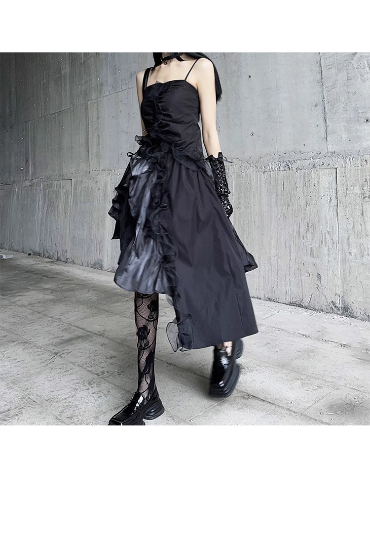 Women Fashion Black Irregular  Spaghetti Strap Dress TP2908