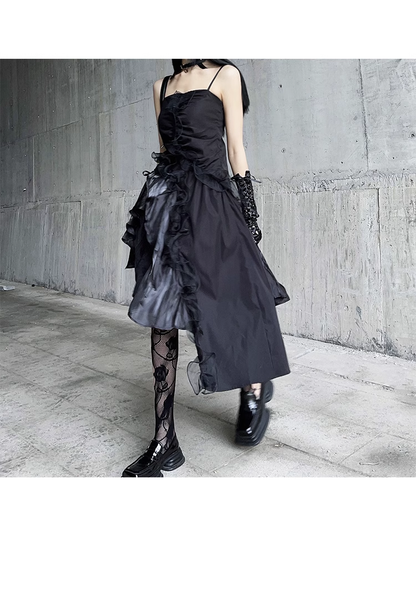Women Fashion Black Irregular  Spaghetti Strap Dress TP2908