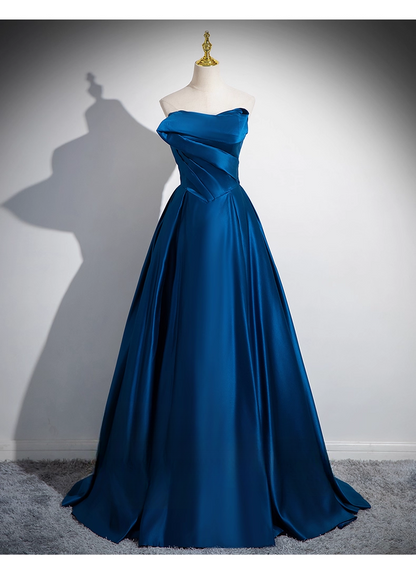 Elegant Royal Blue Satin Sweet 16 Quinceanera A-Line Strapless Evening Dress Long Ball Gown TP4944