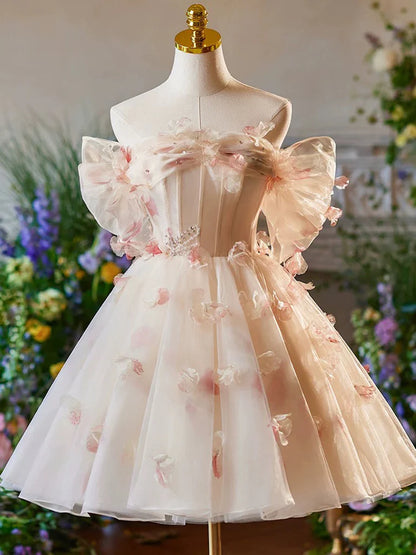 Vintage Pink 3D Flower Design A-line Off-the-shoulder Homecoming Dress TP3410