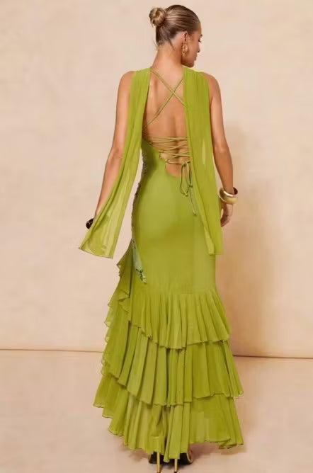 Vintage Olive Green Floral Sequin Spaghetti Strap Mermaid Tiered Matching Scarf Evening Gown TP5900