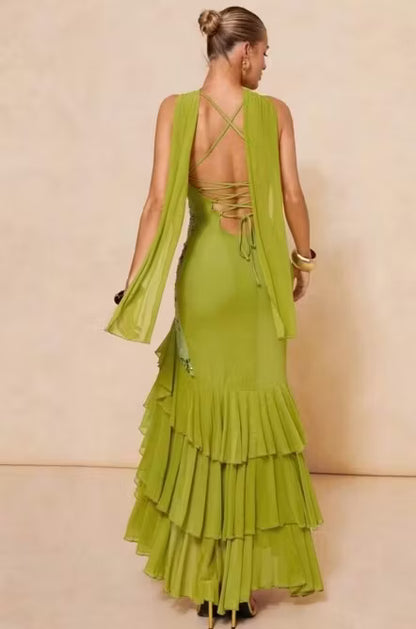 Vintage Olive Green Floral Sequin Spaghetti Strap Mermaid Tiered Matching Scarf Evening Gown TP5900