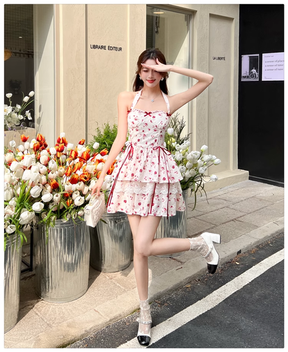 New Fashion Red Floral Print Bow Design A-line Halter Dress TP3342