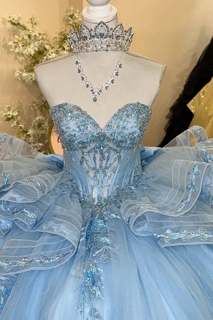 Glamorous Sky Blue Glitter Tulle Strapless Beaded Embroidery Sweet 15 Quinceanera Ball Gown TP5447