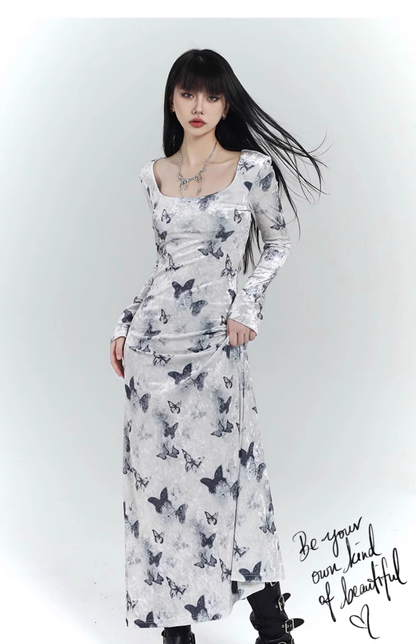 New Fashion Butterfly Pattern Design Sense White Long-sleeved Dress TP2929