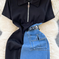 New Fashion Two-tone Jean And Black Polo Dress TP2824