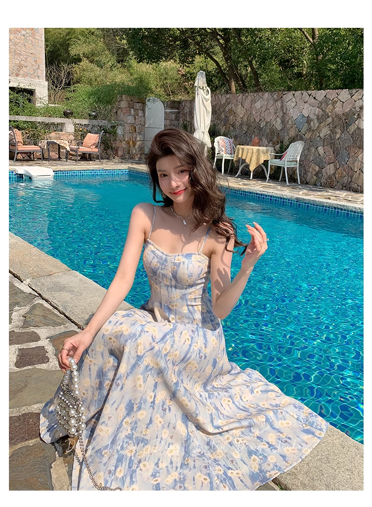 Design Sense Blue Painting Long Dress Holiday Beach Floral Spaghetti Strap Dress TP2960
