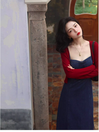 Simple Fashion Red Cardigan & Spaghetti Strap Denim Dress TP3162