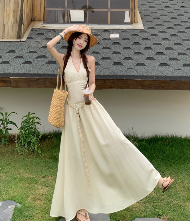 Simple Fashion Beige V-neck Design Beach Holiday A-line with Belt Halter Dress TP3371